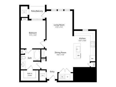 Floor plan for 1 bed, 1 bath, 917 sqft